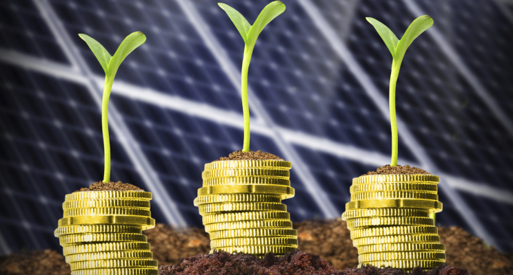 piles of coins growing shoots with a solar panel background to show making money from solar panels and solar battery